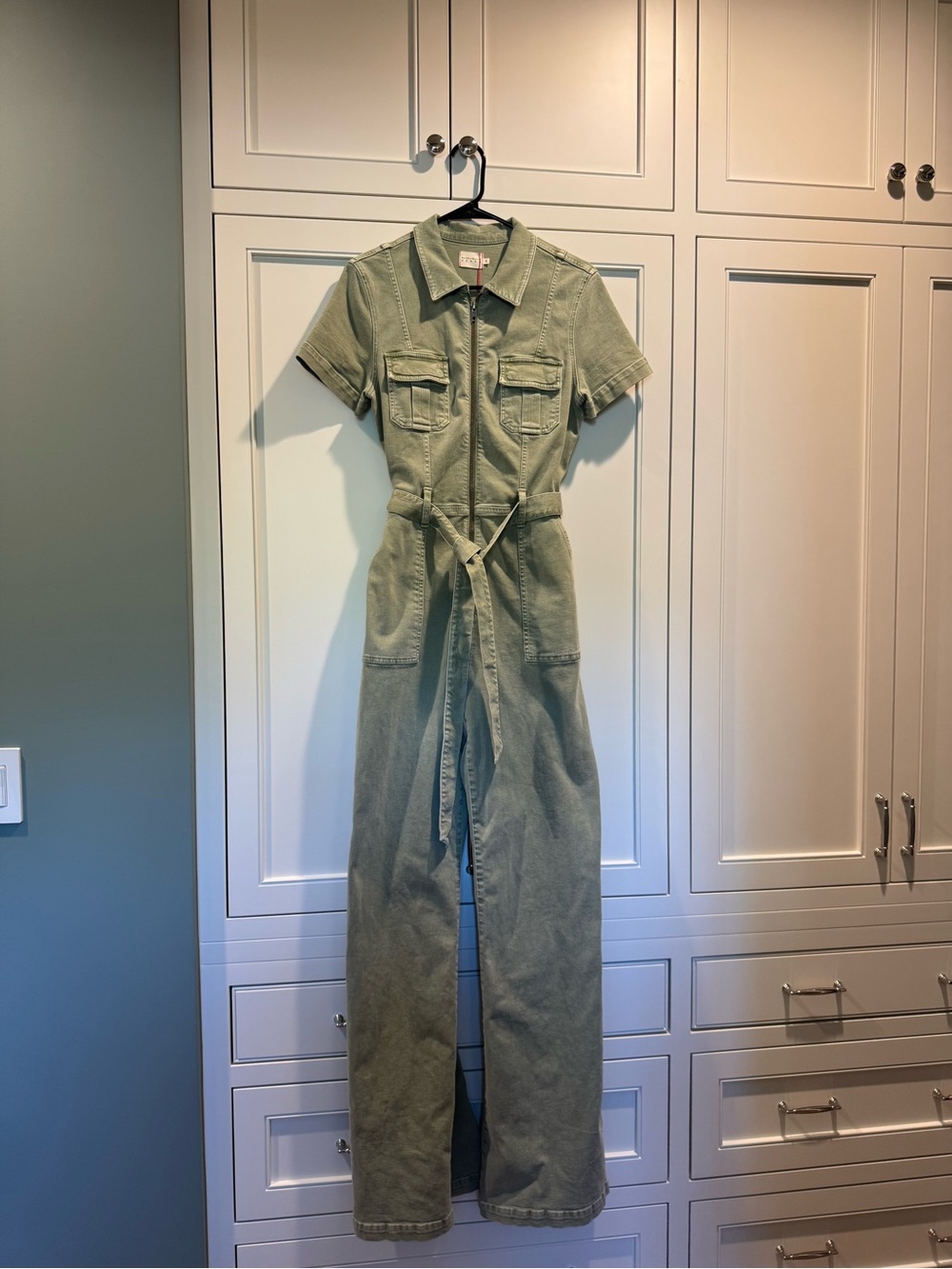 Alice + Olivia Olive Green Short-Sleeve Denim Jumpsuit